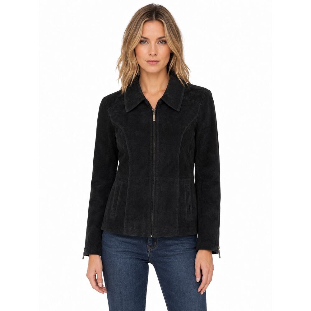 2000s Dennis Basso Washable Black Suede Leather Jacket zippered Cuffs Medium